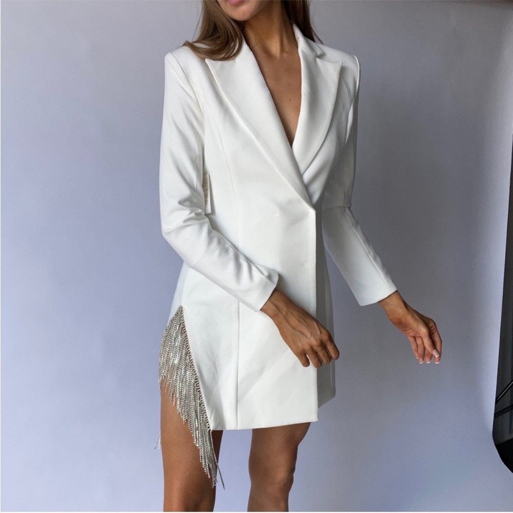 Elegant White Blazer Dress with Fringe MISS CIRCLE NEW YORK